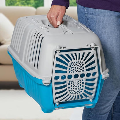 MidWest Homes for Pets Spree Travel Carrier – Hard-Sided Dog & Cat Carrier, Small Pet Travel Crate with Handle, Ventilated Design, Durable Plastic Door, Easy Assembly, 19-Inch, Blue