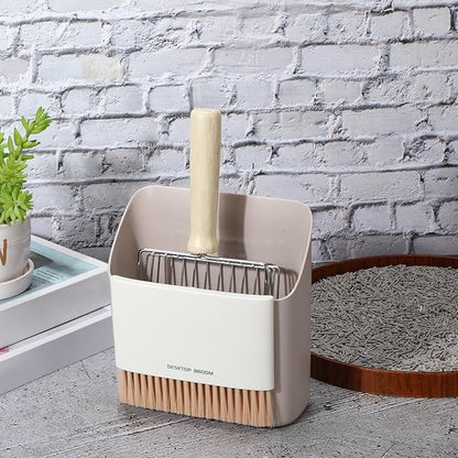 Cat Litter Scooper Kit Wooden Handle Metal Cat Litter Scoop Includes Small Broom and Dustpan Set Portable Cleaning Brush and Dustpan Combo Kitty Litter Scooper(Coarse Grid,Gray)