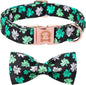 MR. CHUBBYFACE St.Patrick's Clover Dog Collar with Bowtie, White Green Clovers Shamrock Pet Collar with Metal Buckle, Soft Adjustable Puppy Collar for Small Medium Large Dogs
