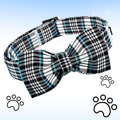 Lionheart glory Dog Bow Collar Blue and Black Plaid Dog Collar for X-Small Dogs,Boy Dog Collars with Bowtie Spring Summer Collars Soft Adjustable Pet Collar Bows