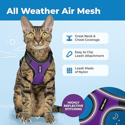 Voyager Escape-Proof Step-in Lock Cat Harness & 5ft Neoprene-Handle Leash Set All-Weather Mesh with Reflective Stitching for Small to Large Cats by Best Pet Supplies, Black Trim-Purple (327), S