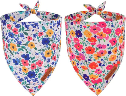 ADOGGYGO Floral Dog Bandanas 2 Pack, Reversible Cute Flower Scarf, Premium Fabric, Adjustable Fit Pink Blue Floral Bandanas for Small Dogs (Small)