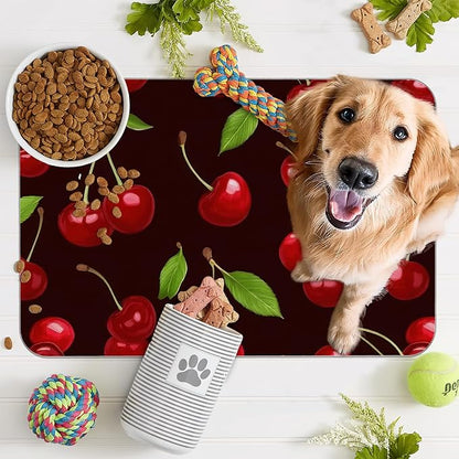 Red Cherry Pet Feeding Mat,Absorbent Quick-Dry Cat Dog Food and Water Bowl Mats,Non-Slip Rubber Backing Mat,Cat Dog Accessories Supplies 16"x24"
