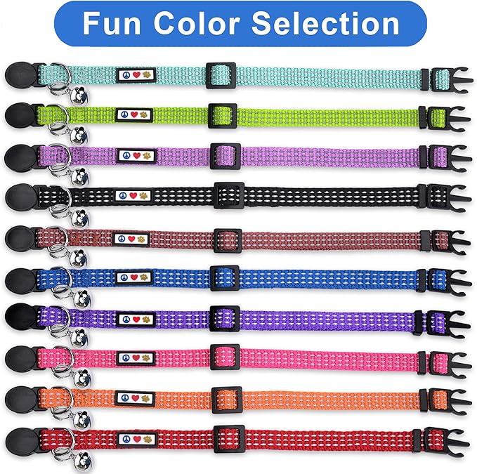 Pawtitas Reflective Green Cat Collar with Safety Buckle and Removable Bell for Kitten and Cats