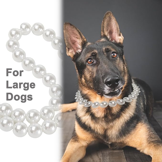 Chunky Pearl Dog Collar Large Breed (0.55 Inch), Adjustable Dog Necklace, Beaded Dog Collar Imitation White Pearls, Elegant Dog Jewelry Suit for Medium Large Dog 17"-19.8" Inner Circumference