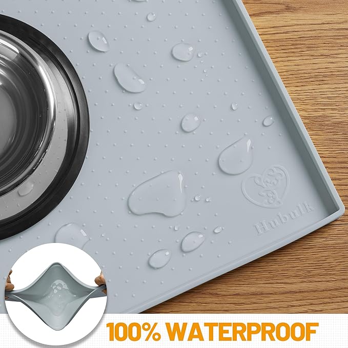 Hubulk Dog Feeding Mat,100% Waterproof Food Grade Silicone Pet Food and Water Bowl Placemat,Dishwasher, High Raised Edge to Prevent Spills,Nonslip Tray to Stop Messes on Floor（19"x12"x0.5", Mist）
