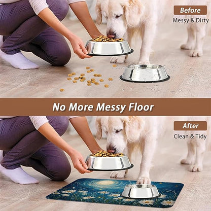 Starry Night Pet Feeding Mat,Moon Daisy Flower Absorbent Quick-Dry Cat Dog Food and Water Bowl Mats,Non-Slip Rubber Backing Mat,Cat Dog Accessories Supplies 12"x20"