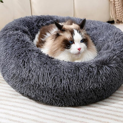Calming Donut Cat Bed Dog Bed Round Plush Pet Cushion Fluffy Rabbit Cave Warm Dog Couch Non Slip Bottom for Pets Up to 10KG