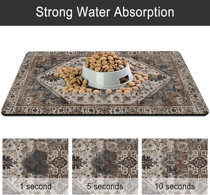 Dog Food Mats for Floors, Absorbent and Quick-Drying Pet Cat Food Mat,Anti-Fouling and Easy-to-Clean Pet Feeding Mat,Dog Bowl Mat for Messy Drinking Water Bowls.12 x20, Bohemia Style