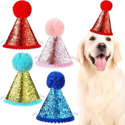 4 Pieces Dog Birthday Hat for Pets Christmas Party Decoration Accessories Pet Headband Hats Charms Grooming Accessories (Red, Pink, Gold, Blue,Fresh Style)