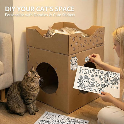 Modular Cardboard Cat Condo System, Semi-Enclosed Cube Module with Side Openings, Foldable Stackable DIY Cat House for Indoor Cats