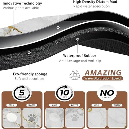 Marble Dog Food Mat for Floors,White Gold Marble Absorbent Quick-Dry Pet Feeding Mat,Cat Dog Bowl Mats for Food and Water,Non-Slip Pet Accessories Supplies 12"x20"