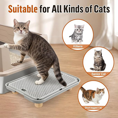 Litter Box Step, Cat Ramp/Step/Catcher with Wooden Base, Filter Function, Easy to Clean, Filter Pedal Ideal for Kitten & Elderly Cats (Light Grey)
