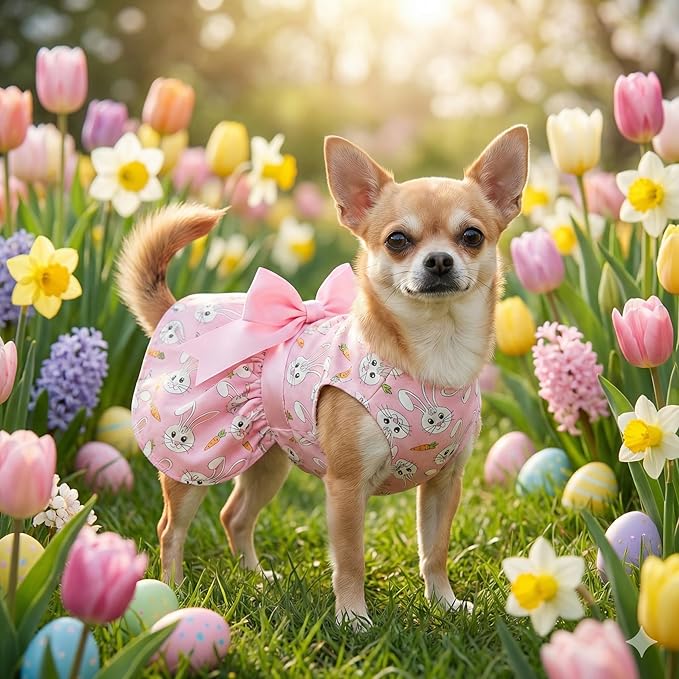 Easter Dog Dress with Bunny & Carrot Print, Festive Holiday Pink Spring Pet Outfit with Satin Bow for Small Medium Dogs
