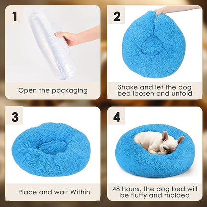 28in Large Dog Bed, Medium Size Dog and Cats, Calming Donut Bed for Puppy and Kitten, Washable Round Fluffy Pet Bed (Light Blue)