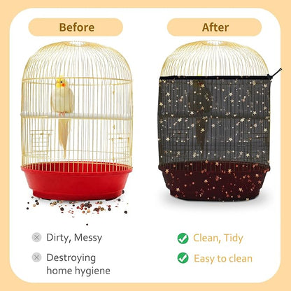 Bird Cage Seed Catcher, 45-90'' Adjustable Bird Cage Cover, Universal Nylon Bird Cage Mesh Net, Bird Cage Skirt Guard Accessories for Parrot Parakeet Macaw Round Square Cage (Black)