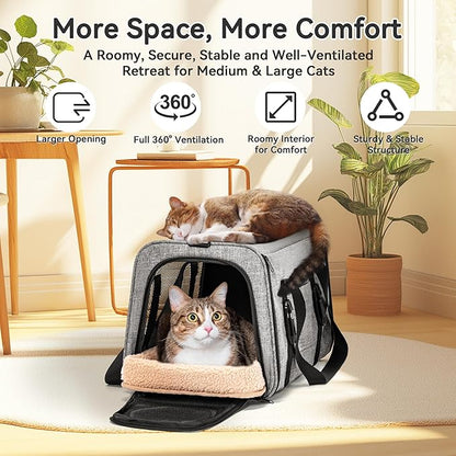 PETSFIT Large Cat Car Carrier with Patented Safety Buckles(19 x 12 x 12) – Roomy Escape-Proof for Safe Driving, Lockable Zippers & Safety Tether, Soft-Sided Travel Carrier for Road Trips & Vet Visits
