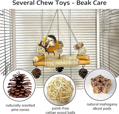 Bird Swing for Cage with Chew Toys, 3 Sisal-Wrapped Parrot Perches & Stable Triangle Design, Wooden Hanging Parakeet Toys Swing for Cockatiel Lovebirds Conures Quaker Balance Training (S)