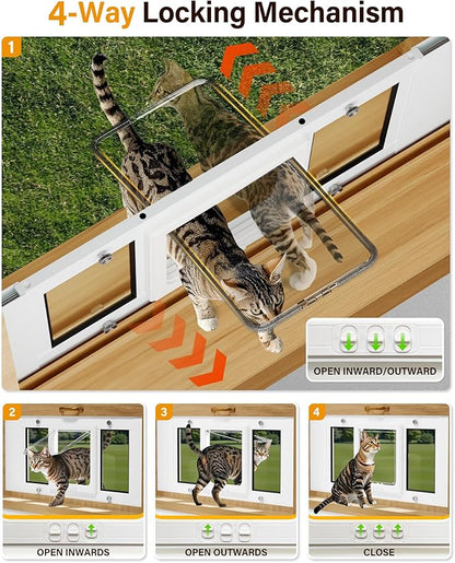 Cat Door for Window Weatherproof: Aluminum Frame Flap Pet Door Fit Window Insert - Easy Adjustable to Quick Fit Windows Width 31"-36" - 4 Secure Lock Modes with Magnetic Closure for Cats Dog