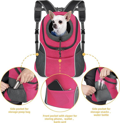 WOYYHO Pet Dog Carrier Backpack Small Dog Front Backpack Ventilated Dog Carrier Back Pack with Storage Pockets, Adjustable Straps & Safety Belt for Travel Hiking Outdoor (Size L: 10-14 lbs, Rose)