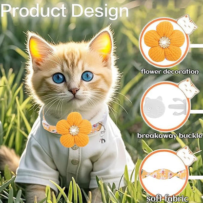 Cat Collar, HYQHYX Breakaway Kitten Collar with Flower,Rhinestone Kitty Collar with Bell, Floral Pet Collar with Safety Buckle for Cats and Puppy Dog