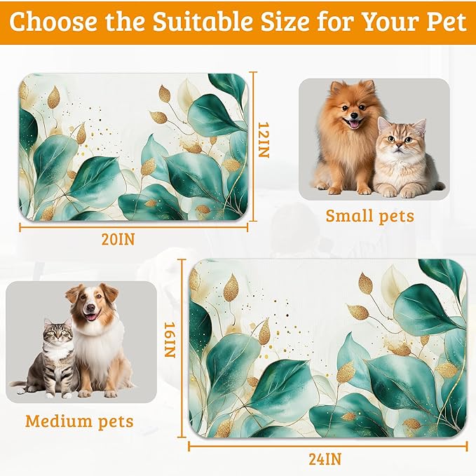 Green Plam Dog Cat Food Mat,Tropical Leaves Absorbent Waterproof Placemat for Food and Water Non Slip Rubber Backing Durable Feeding Pad for Clean Floors 16" x 24"