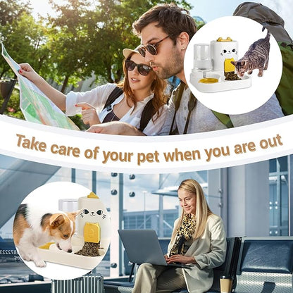 2-in-1 Gravity Pet Feeder & Water Dispenser for Cats Dogs - Large Capacity Cat Food Station with Water Bowl, Travel-Friendly (Yellow)