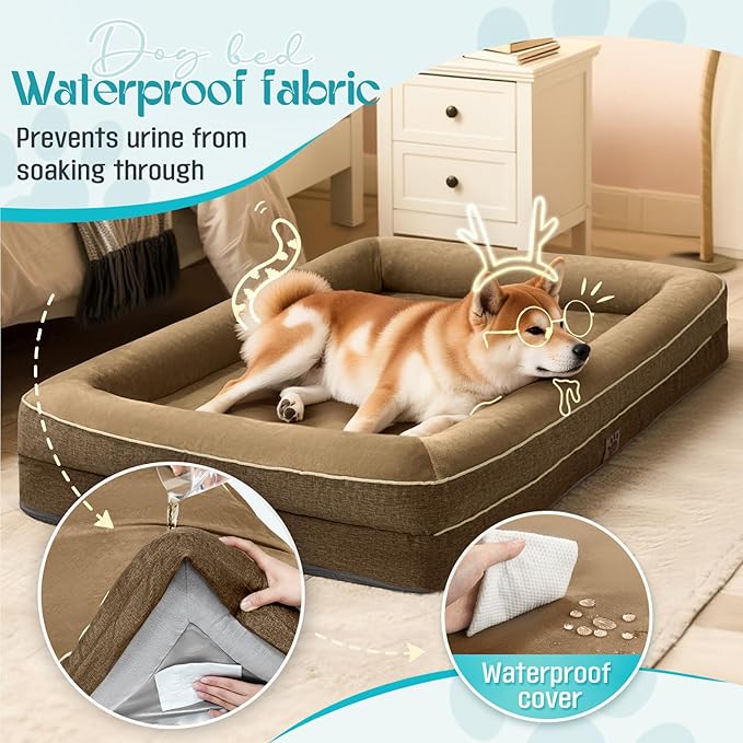 Waterproof Memory Foam Dog Beds for Extra Large Dogs Non-Slip Orthopedic Dog Beds Washable Couch Pet Bed with Removable Cover (Brown, X-Large)