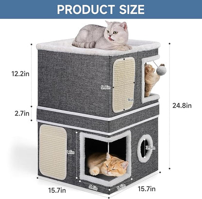 Shikha 2-Storey Cat Houses for Indoor Cats, Dual-Purpose Double Large Cat Beds Cave with Hideaway Condos, Scratch Pads, Fluffy Balls, Foldable Indoor Cat Cube House for Multi Small Pets Kitten, Grey