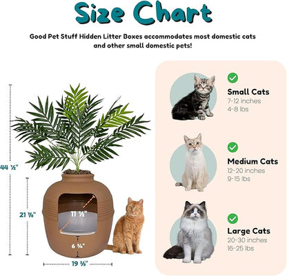 Good Pet Stuff Hidden Litter Box Planter, Decorative Cat Litter Enclosure with Carbon Filter, Artificial Plant, Easy Clean, Indoor Design, Original Round Style, Essentials Kit, Mocha Brown