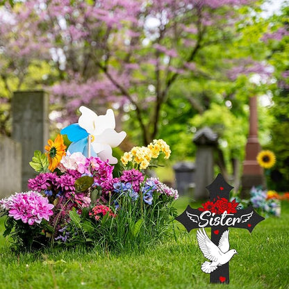 Cross Grave Decorations for Cemetery, Sympathy Memorial Stakes for Loss of Sister, Metal Grave Markers for Cemetery for Sister Outdoors Yard Garden (12 X 7.5 Inches)