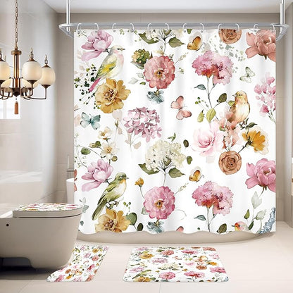 4 PCS Pink Floral Birds Bathroom Set with Shower Curtain and Rugs 72Wx72H Inch Classical Watercolor Non-Slip Bath Rug Toilet Lid Cover and U Shape Mat Accessories 12 Hooks Bathoom Decor