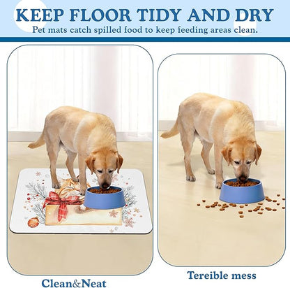 Cat Dog Cat Food Mat–Christmas Stocking Absorbent Waterproof Placemat for Food and Water Bowls, Non Slip Rubber Backing, Feeding Mat for Clean Floors 16"x24"