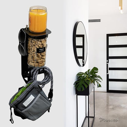 Dog Treat Holder For Wall Storage For Pets, Premium Pet Wall Organizer, Includes One 32oz Airtight Dog Treat Jar, 2 Sets of Triple Hooks, Sturdy Shelf in Modern Black