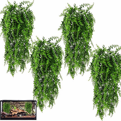 HERCOCCI 4 Pack Reptile Plants, Terrarium Hanging Plants Vines Artificial Leaves Habitat Decorations with Suction Cup for Bearded Dragon Hermit Crab Lizard Snake Geckos Chameleon