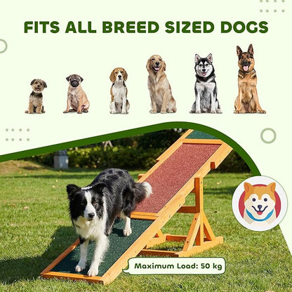 PawHut Wooden Dog Agility Seesaw for Training and Exercise, Platform Equipment Run Game Toy, Weather Resistant Pet Supplies, 71" L x 12" W x 12" H, Natural