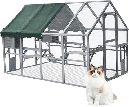 PeakPursuit Extra Large Cat Enclosure,110 Inch Large Catio with Waterproof Roof, Pet Habitat for 57 FT² Space, Outdoor Pet House with 7 Platforms,2 Resting Box and 2 Bridges, for Small Animals Use