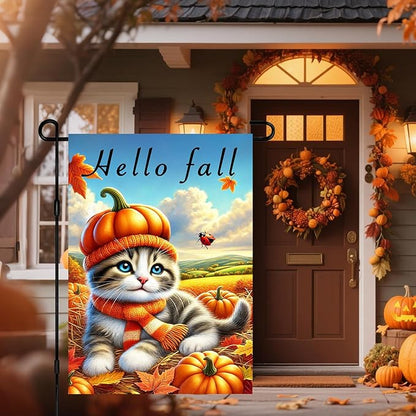 Hello Fall Garden Flag Cute Kitten Pumpkin Hat Scarf Flag 12x18 Inch Autumn Pet Decor Double Sided Outdoor Banner For Front Yard Porch Lawn Patio Seasonal Home Decor for autumn