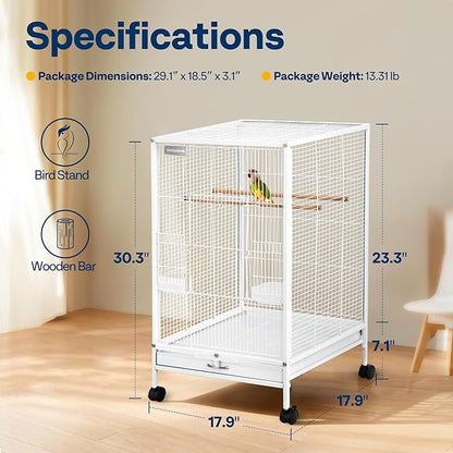 VIVOHOME 30 Inch Height Wrought Iron Bird Cage with Rolling Stand for Conures Lovebirds Cockatiels Finches, White