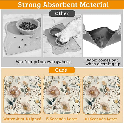Vintage Flowers Dog Cat Food Mat,Herbs Absorbent Waterproof Placemat for Food and Water Non Slip Rubber Backing Durable Feeding Pad for Clean Floors 16" x 24"