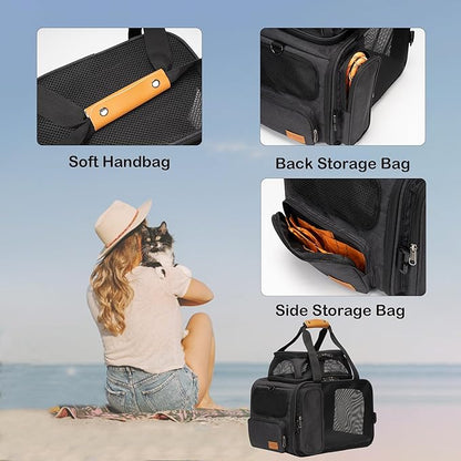Expandable Pet Carrier Bag - Airline-Approved, Breathable Mesh, Secure Zippers, Padded Handle & Multi-Pockets (Light Grey)