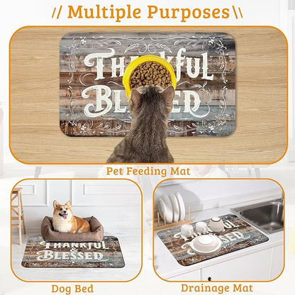 Thankful Feeding Mat,Blessed Absorbent Quick-Dry Cat Dog Food and Water Bowl Mats,Non-Slip Rubber Backing Mat,Cat Dog Accessories Supplies 12" x 20"