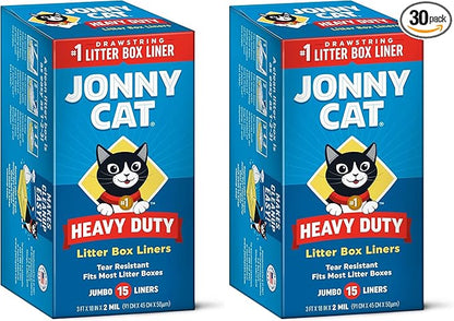 Jonny Cat Litter Box Liners: Heavy Duty - Tear & Leak Resistant - Drawstring Close - Jumbo, 15 Count (Pack of 2)