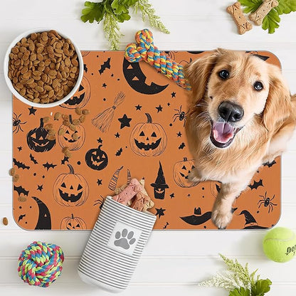 Halloween Dog Food Mat for Floors,Pumpkin Bat Absorbent Quick-Dry Pet Feeding Mat,Cat Dog Bowl Mats for Food and Water,Non-Slip Pet Accessories Supplies 12"x20"