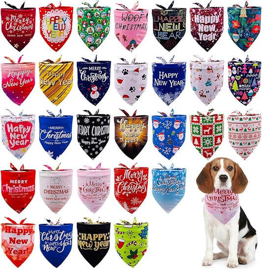 30 Pcs Christmas Happy New Year Dog Bandanas Bulk for Dogs Stitch Dog Bandanas Party Grooming M