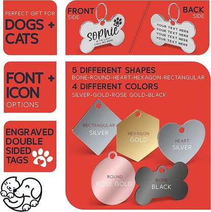 Stainless Steel Engraved Pet ID Tags for Dogs - 4 Color & 5 Shape Options, Up to 7 Lines, Personalized w/ 20 Icons, Name, Address, Phone Number #Bone