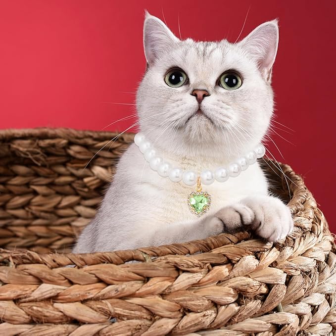 2pcs Cat Pearl Collar with Heart Pendant, Cute Pearl Pet Necklace in Small, Adjustable Wedding Party Small Dog Jewelry Accessories for Puppy Kitten- Green & Purple