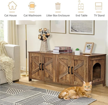 Homhedy Cat Litter Box Enclosure for 2 Cats, Wooden Pet Washroom Furniture with Double Room, Cat House, 47.2”L x 19.7”W x 19.7”H, Rustic Walnut