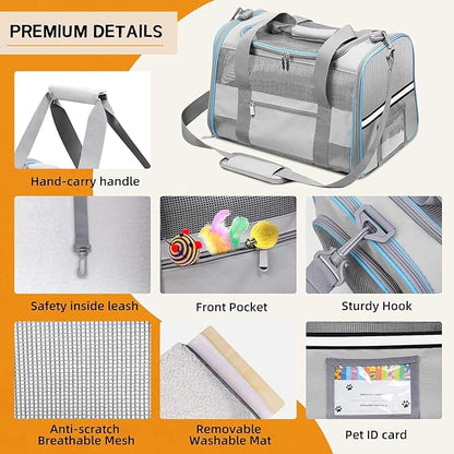 Soft-Sided Cat Carrier for Pets Up to 15lbs, Airline Approved Under-Seat Travel Carrier, 17x12x11 Inch, TSA Approved with Collapsible Bowl, Breathable Mesh & Removable Pad, Lightgrey