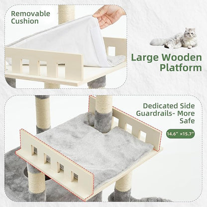 Cat Tree for Indoor Cats Large Adult, Heavy Duty Cat Tree for Large Cats 20 lbs+, Cat Condo with Big Wooden Perch, Cat Tower with 14 Scratching Posts, Hammock, Light Gray GCT023W